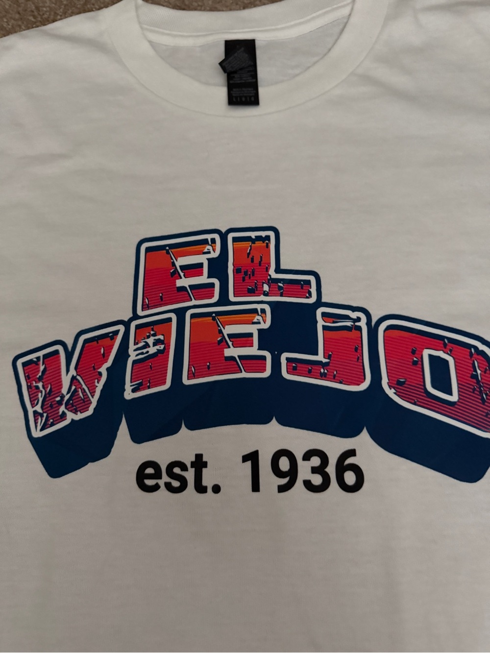 Gildan White Short Sleeve Tee with Blue and Red Graphic